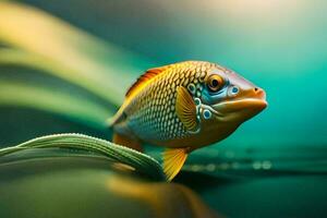 a fish is sitting on top of a green plant. AI-Generated photo