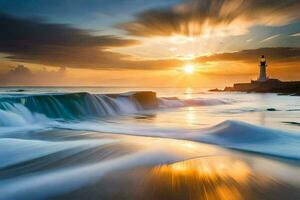 the sun rises over the ocean and waves crash into the shore. AI-Generated photo