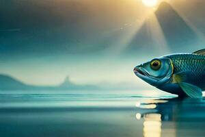 a fish is floating in the water with the sun shining. AI-Generated photo