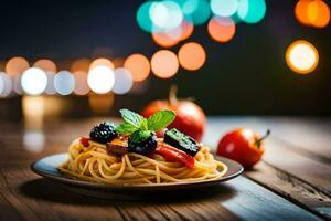 espaguetis con Tomates y moras en un lámina. generado por ai foto