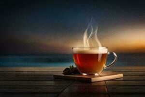 a cup of tea on a wooden table with a sunset in the background. AI-Generated photo