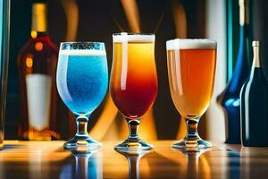 three different types of alcoholic beverages are lined up on a table. AI-Generated photo