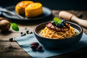 spaghetti with meat and blueberries on a wooden table. AI-Generated photo