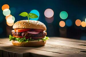 a hamburger with lettuce and tomato on a wooden table. AI-Generated photo