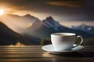 café taza en el mesa con montañas en el antecedentes. generado por ai foto