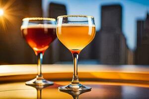 two glasses of beer on a table in front of a city skyline. AI-Generated photo
