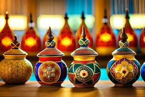 a row of colorful vases with candles in them. AI-Generated photo