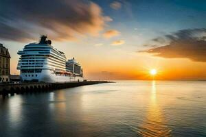 crucero buques atracado a el muelle a puesta de sol. generado por ai foto