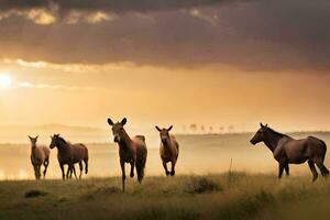 a group of horses are running in the grass. AI-Generated photo