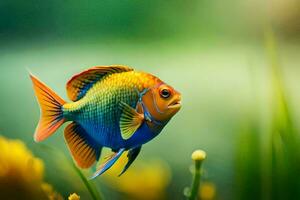 a colorful fish is standing in the grass. AI-Generated photo