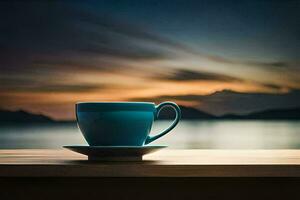 a blue cup sits on a table overlooking the ocean. AI-Generated photo