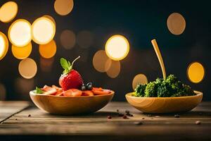 two bowls with strawberries and broccoli on a wooden table. AI-Generated photo