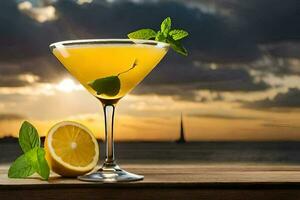 a cocktail with lemon and mint on a table. AI-Generated photo