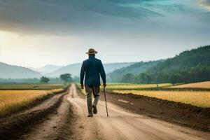 a man walking down a dirt road with cane. AI-Generated photo