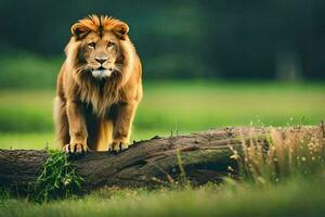 the lion is standing on a log in the middle of a field. AI-Generated photo