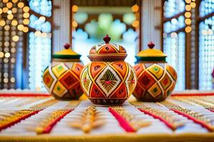 three colorful vases on a table with a string of lights. AI-Generated photo