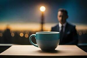 un hombre en un traje se sienta a un mesa con un café taza. generado por ai foto