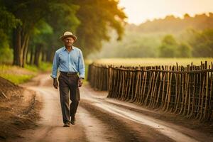 an old man walking down a dirt road. AI-Generated photo