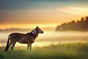 un cebra en pie en un campo a puesta de sol. generado por ai foto