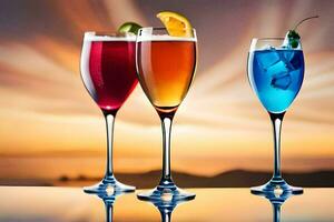 three glasses of different colored drinks on a table. AI-Generated photo