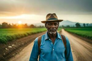 un africano hombre en un sombrero en pie en un suciedad la carretera. generado por ai foto