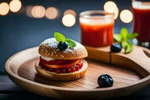 a sandwich with berries and a glass of juice. AI-Generated photo