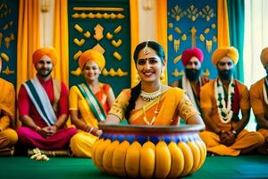 un mujer en un amarillo turbante es sonriente mientras sentado en frente de un grupo de gente. generado por ai foto