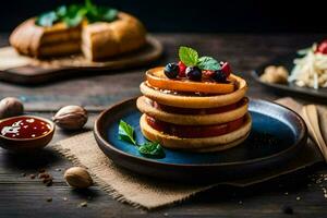 a stack of pancakes with fruit and nuts on a plate. AI-Generated photo