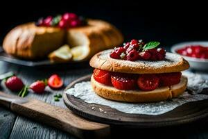 a strawberry sandwich on a wooden board with strawberries. AI-Generated photo