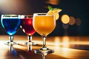 three different colored drinks sit on a table. AI-Generated photo