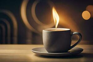 a cup of coffee with a flame on the saucer. AI-Generated photo