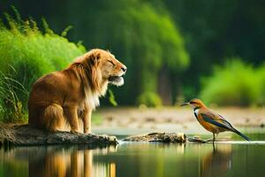 el león y el pájaro. generado por ai foto