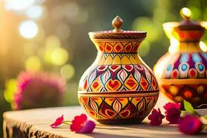 two colorful vases sitting on a table with flowers. AI-Generated photo