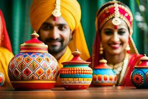 un Pareja en tradicional indio ropa con vistoso ollas. generado por ai foto