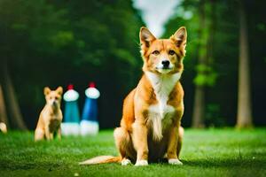 a dog sitting in the grass with a tree in the background. AI-Generated photo