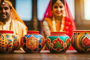 a couple in traditional indian attire are holding colorful pots. AI-Generated photo