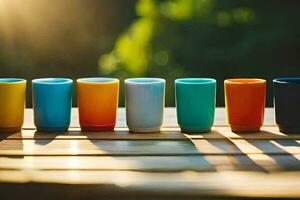 colorful cups lined up on a wooden table. AI-Generated photo