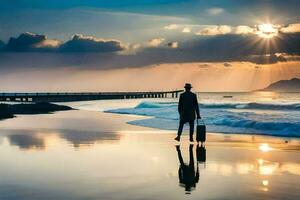 un hombre con un maleta caminando en el playa a puesta de sol. generado por ai foto