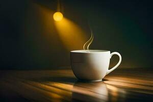 a cup of coffee on a table with a light. AI-Generated photo