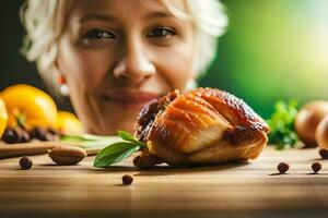 a woman is looking at a piece of chicken on a table. AI-Generated photo