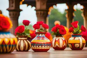 colorful vases with red roses sitting on a wooden table. AI-Generated photo