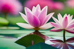 two pink lotus flowers are reflected in the water. AI-Generated photo