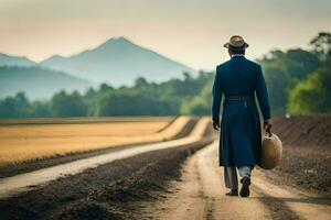 a man in a blue coat and hat walking down a dirt road. AI-Generated photo