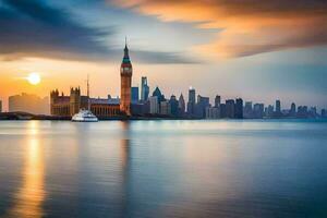 el grande ben reloj torre y el ciudad horizonte a puesta de sol. generado por ai foto