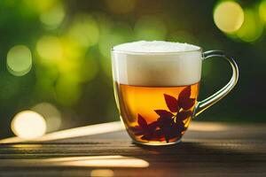 un taza de té con hojas en cima. generado por ai foto