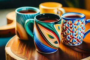 three colorful mugs sitting on a wooden table. AI-Generated photo