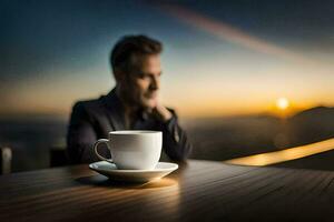 a man sitting at a table with a cup of coffee. AI-Generated photo