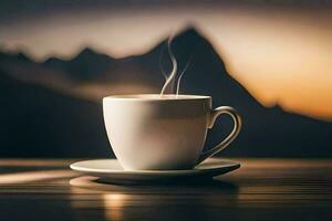 a cup of coffee on a table with mountains in the background. AI-Generated photo