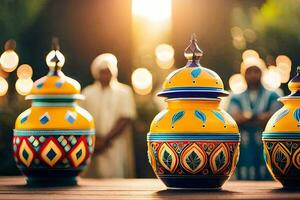 three colorful vases on a table with people in the background. AI-Generated photo