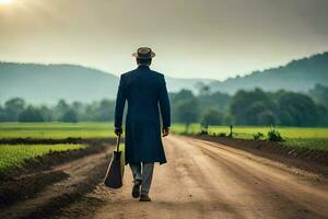 a man in a blue suit and hat walks down a dirt road. AI-Generated photo